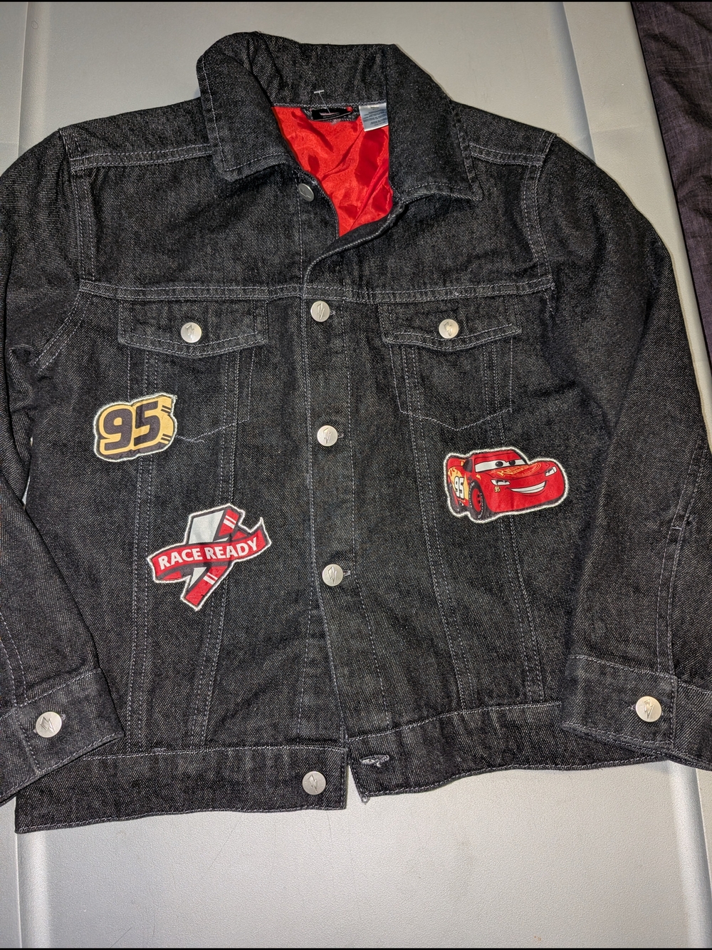 Disney Black Denim Jacket with Red Lining & Race Car Patches